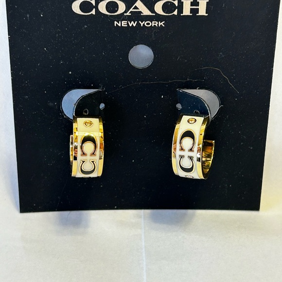 Coach Signature Enamel Gold Huggie Hoop Earrings - Picture 3 of 5